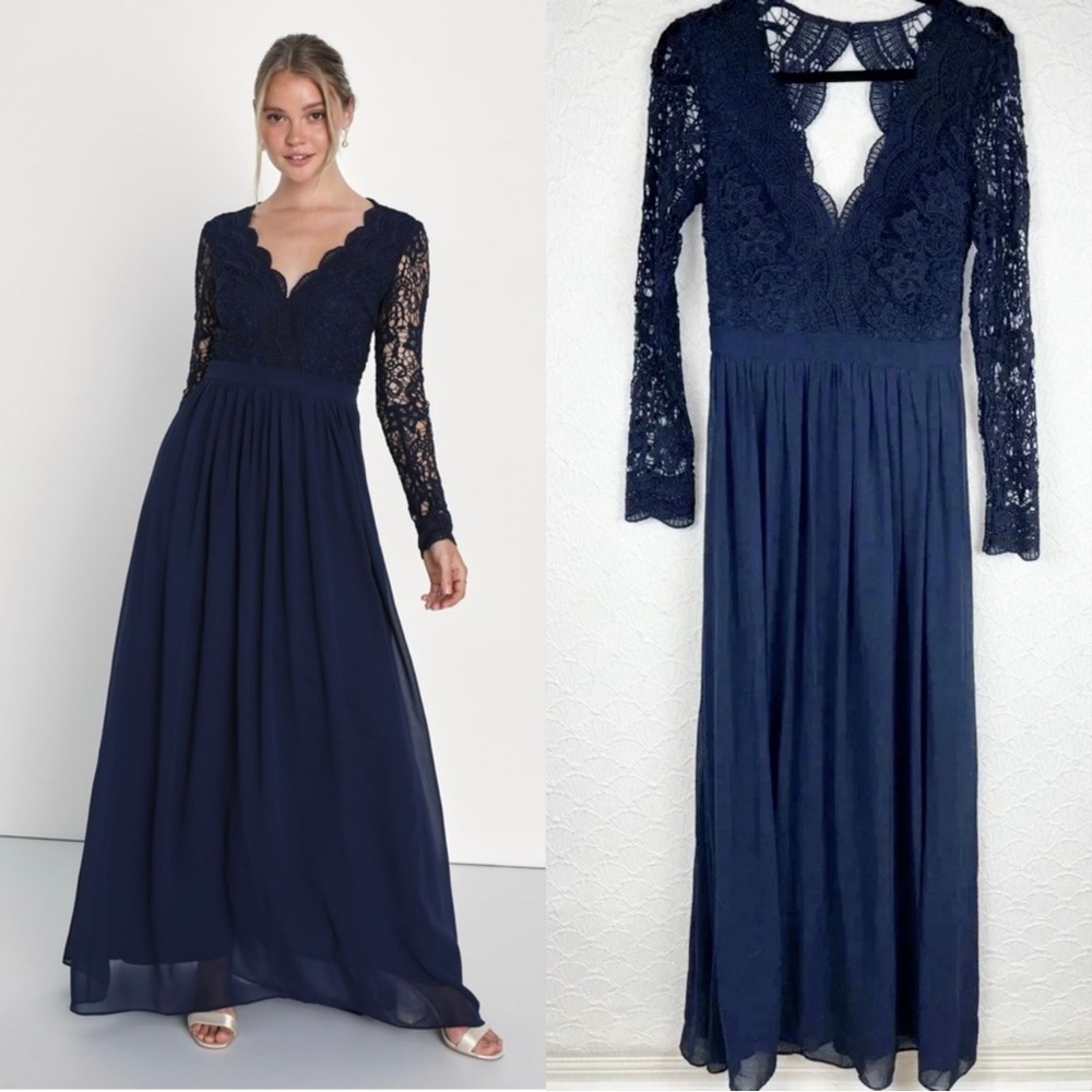Sz M - NWOT Lulus‎ Dress Awaken My Love Navy Blue Long Sleeve Lace Maxi Dress